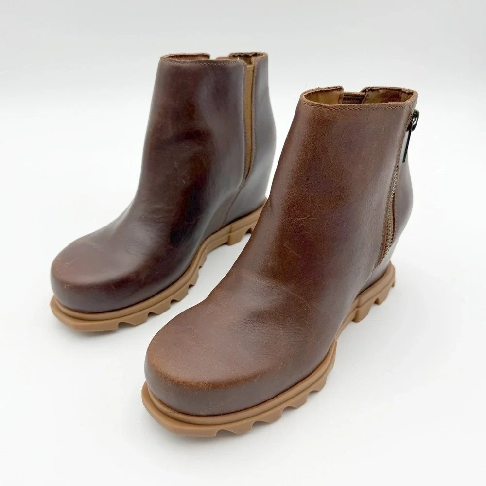 SOREL Womens Hazelnut Leather Joan of Arctic Wedge III Zip Ankle Boots Size 8